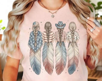 Patriotic Boho Shirt, USA Girl Western Feather Graphic Tee, Fourth Of July America Cowgirl Shirt, Freedom Unisex Gift Top For Women