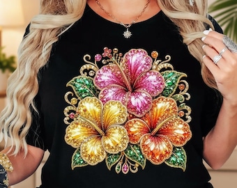 Rhinestone Hibiscus Shirt, Tropical Flower Graphic Tee, Floral Summer Vacation Hawaiian Beach Gift Shirt, Print Only — Not Real Sequins