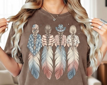 Comfort Colors® Patriotic Boho Shirt, USA Girl Western Feather Graphic Tee, Fourth Of July Cowgirl Gift Shirt For Women, Cowgirl Tee Shirt