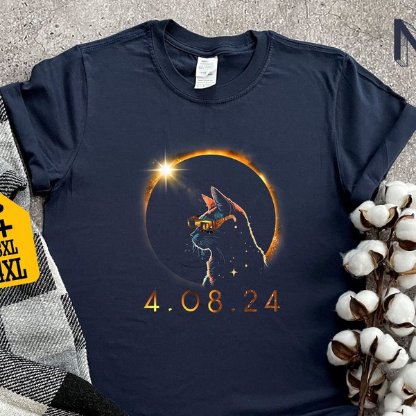 Total Solar Eclipse April 8 2024 Cat Shirt, Eclipse Event Outfit, Sun and Moon T-Shirt, Cat Lover Gift, Celestial Tshirt, Astronomy Tee