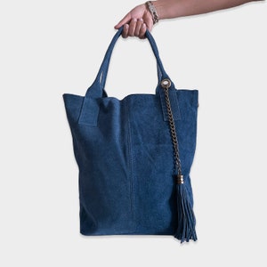 Leder-Einkaufstasche mit Quaste | Tasche mit Reißverschluss | Indigoblau | praktisch | Alltagstasche | Griffe | Handgefertigt | Integrierte Geldbörse | In Anbetracht