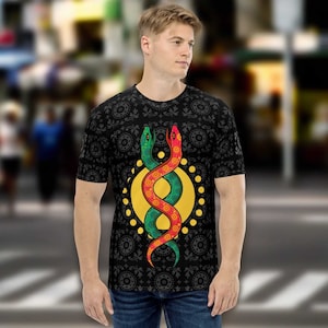 Shipibo Art Men’s All Over T-Shirt - Tribal and Spiritual Sacred Geometry with Serpent Spirit