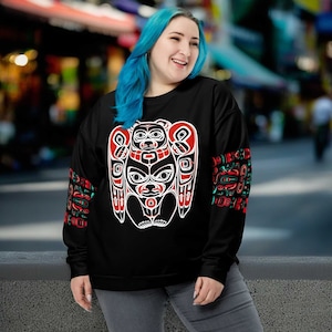 Haida Tlingit Art Unisex All Over Sweatshirt - Bear Totem Pole and Indigenous Pacific Northwest Spirit