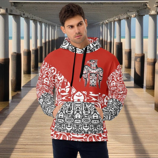 Haida Tlingit Art Unisex All Over Hoodie - Eagle Totem Pole and Spirit of the Pacific Northwest