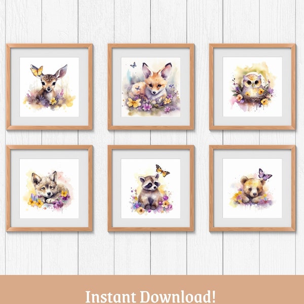 Watercolor Woodland Creatures Printable Wall Art Set, Cute Woodland Creature Nursery Theme, Woodland Baby Shower Decoration