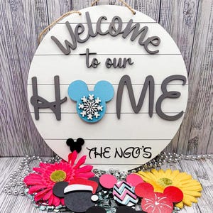 Personalized interchangeable home mickey sign for entryway, Welcome sign for home decor, Mickey ears seasonal wood sign for Disney lover