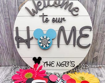 Personalized interchangeable home mickey sign for entryway, Welcome sign for home decor, Mickey ears seasonal wood sign for Disney lover