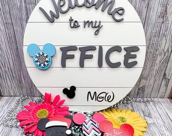 Personalized interchangeable office mickey sign for entryway, Welcome sign for office decor, Mickey ears seasonal wood sign for Disney lover