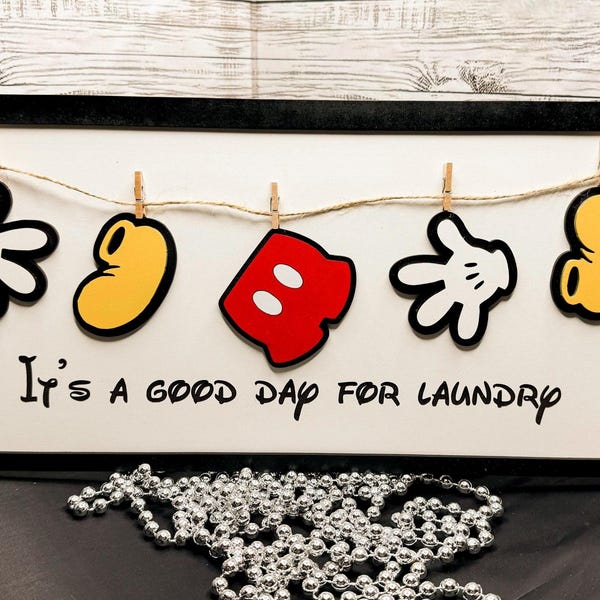 Mickey Mouse clothesline wood wall art laundry room decor for her, Disney wood sign gifts for Disney lover, Disney fans home decor