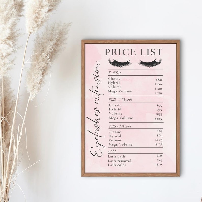 Eyelash Extensions Price List Template, Lashes Price List, Instant