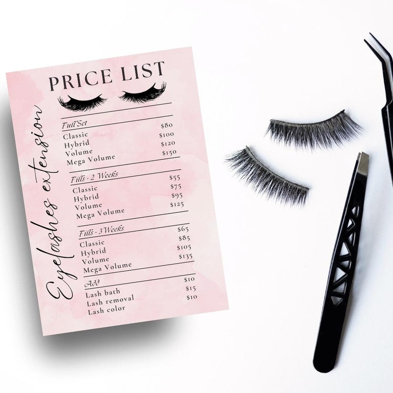 Eyelash Extensions Price List Template, Lashes Price List, Instant