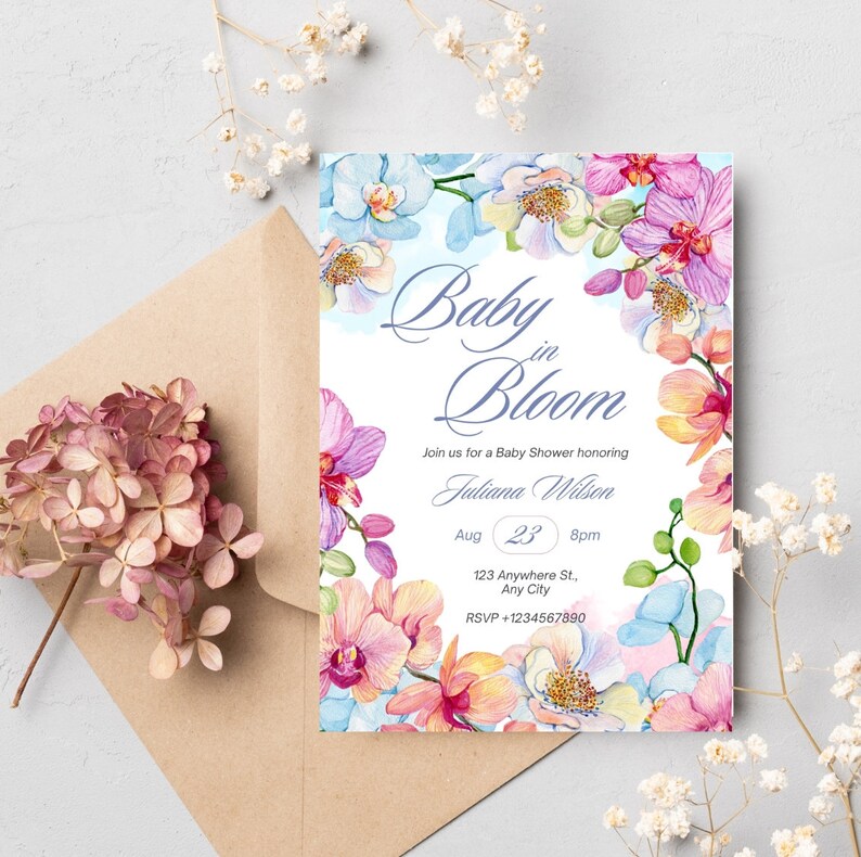 Watercolor Baby Shower Invitations Set, Editable Orchid Flowers Invite
