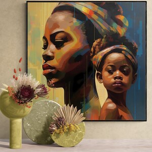 Luxury Canvas Wall Art Woman and Child Abstract, Handcrafted Real Wood Frame