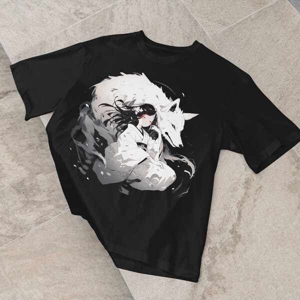 Shrine of the White Wolf | Anime/Manga T-Shirt | Maiden | Black/White | Deity Spirit | Streetwear | Oversized