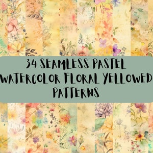 34 Pastel Watercolor Floral Seamless Yellowed Digital Paper, Flowers, Repeating Pattern, Instant Digital Download PNG 300 DPI Commercial Use