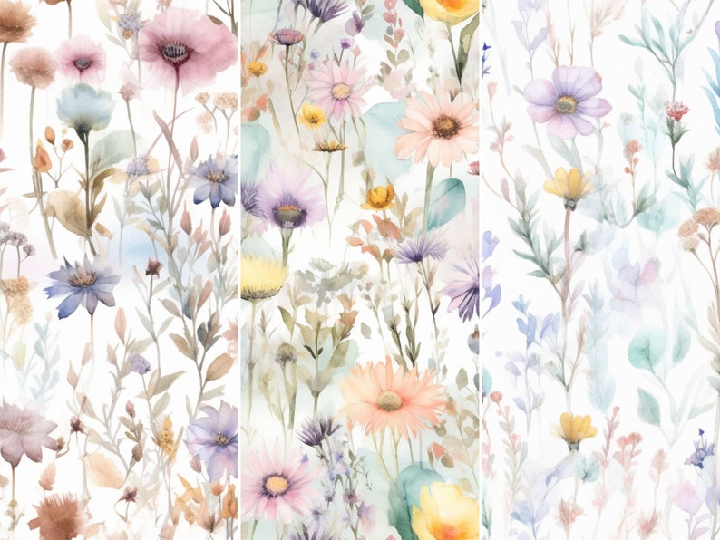 30 Seamless Pastel Watercolor Wildflower Digital Paper, Flowers ...