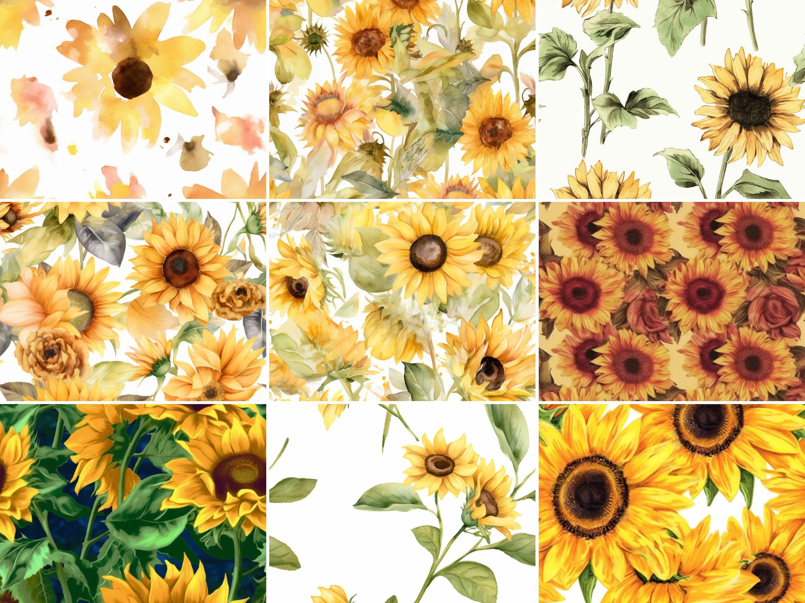 37 Watercolor Sunflower Floral Seamless Digital Paper, Flowers ...
