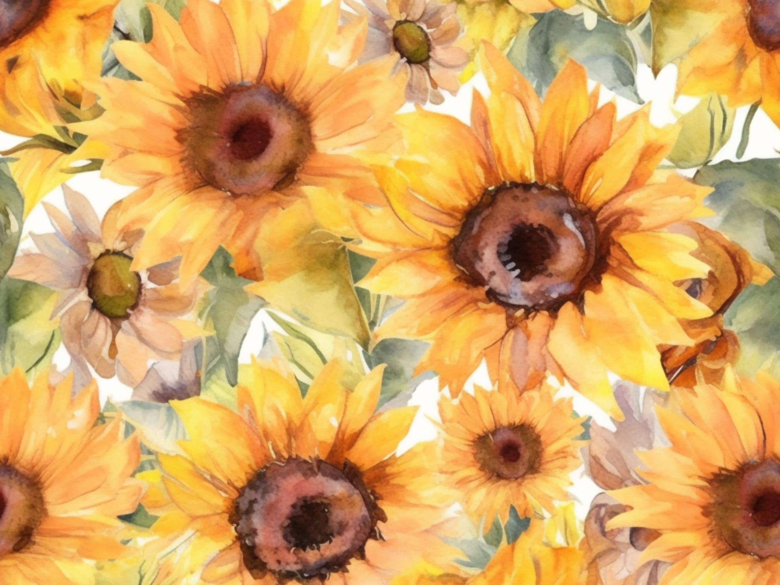 37 Watercolor Sunflower Floral Seamless Digital Paper, Flowers ...