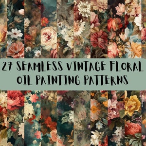 27 Vintage Floral Seamless Oil Paint, papier cyfrowy, kwiaty, powtarzający się wzór, natychmiastowe pobieranie cyfrowe, PNG 300 DPI do użytku komercyjnego
