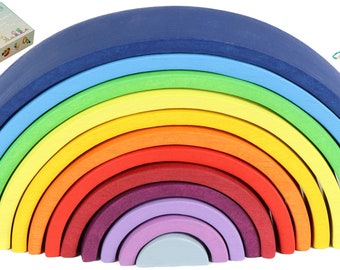 Mittelgroßer Sunset Rainbow Stacker (12 Stück, 29cm) + Geschenk-Rucksack, Grimm's - Waldorf - Montessori Style