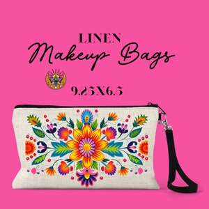 Mexican Floral,  Travel Essentials, makeup, Linen Makeup bag, Makeup Bag, Cosmetic Bag,  Personalized bag, gift for sister, gift for women