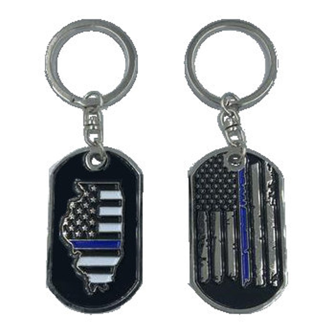 Illinois Thin Blue Line Challenge Coin Dog Tag Keychain Police Law