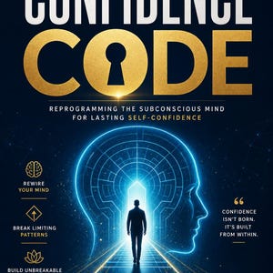 Op de afbeelding: Een boekomslag met de titel THE CONFIDENCE CODE: REPROGRAMMING THE SUBCONSCIOUS MIND FOR LASTING SELF-CONFIDENCE. Het toont het silhouet van een persoon die naar een gloeiend sleutelgatportaal in een digitaal breinontwerp loopt.