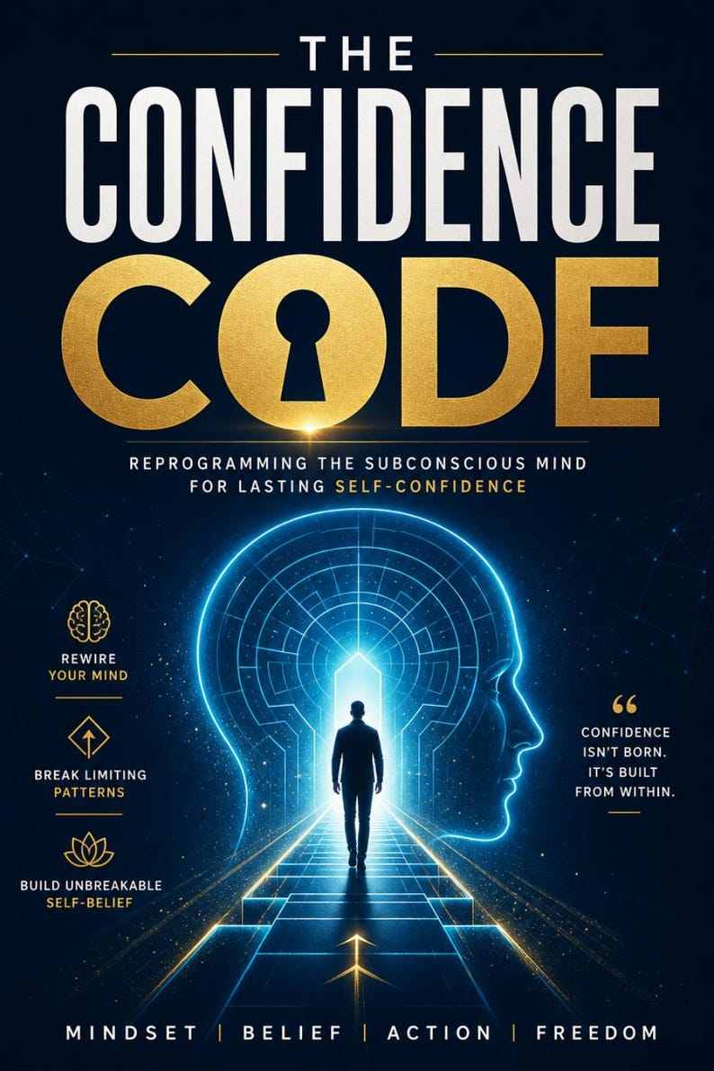Op de afbeelding: Een boekomslag met de titel THE CONFIDENCE CODE: REPROGRAMMING THE SUBCONSCIOUS MIND FOR LASTING SELF-CONFIDENCE. Het toont het silhouet van een persoon die naar een gloeiend sleutelgatportaal in een digitaal breinontwerp loopt.