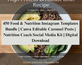 Bundel met 450 Instagram-templates voor voeding en gezondheid | Bewerkbare carrouselberichten voor Canva | Sociale mediakit voor voedingscoaches | Digitale download