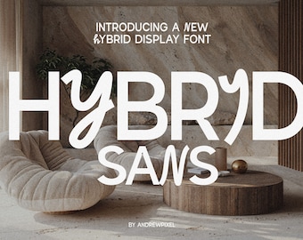 May include: A white font design with the text "Introducing a new Hybrid Display Font" and "HYBRID SANS" in a modern, minimalist style. The font is displayed on a textured wall with a brown couch and a wooden table in the background.