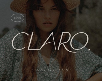 May include: A woman wearing a green floral dress and a straw hat, with the word "CLARO." in a white, modern font. The text "LIGATURE FONT" is also included below the word "CLARO."