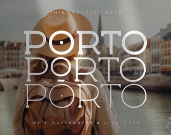 May include: A white font design with the word "PORTO" repeated three times in different styles. The font is a modern serif style with a circular element in the "O". The text is superimposed on a blurry image of a person wearing a hat and a backpack standing in front of a city.