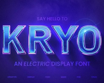 May include: A digital graphic with the word "KRYO" in a futuristic font, illuminated with blue and pink neon lights. The text "SAY HELLO TO" and "AN ELECTRIC DISPLAY FONT" are also present, along with other text at the bottom.