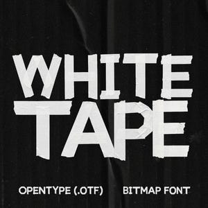 May include: A digital graphic featuring the words WHITE TAPE in large, white, blocky letters that appear to be constructed from strips of adhesive tape. Below the main text, the words OPENTYPE (.OTF) BITMAP FONT are displayed in a smaller white font.