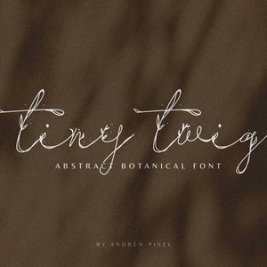 Könnte beinhalten: Eine weiße Schriftart im Schriftstil namens "Tiny Twig" mit dem Text "Abstract Botanical Font" und dem Text "By Andrew Pixel" darunter.