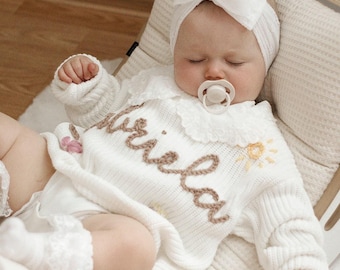Personalized Hand Embroidered Baby Name Sweater Custom Knit Infant Toddler Kid Boy Girl Newborn Shower Welcome Gender Reveal Birthday Gift