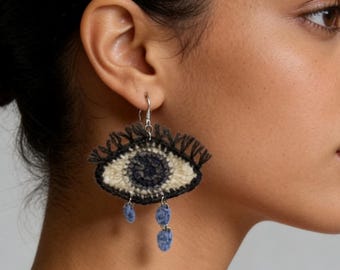 Handmade Crochet Dangle Statement Earrings Colorful Boho Knit Star Flower fruit Evil Eye Jewelry Lightweight Fiber Art Wear creative design