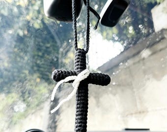 Handmade Crochet Cross Jesus Figure Wooden Car Accessories Rear Mirror Hanging Ornament Desk Christmas Christian Religious Catholic Baptism