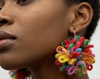 Handmade Crochet Dangle Statement Earrings Colorful Boho Knit Star Flower fruit Evil Eye Jewelry Lightweight Fiber Art Wear creative design
