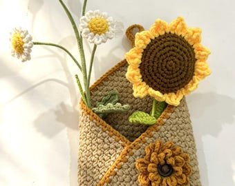 Handmade Crochet Wall Hanging Holder Flower Storage Pocket Sunflower Daisy Decor Home Nursery House Warming Decor Phone Airpod Pouch Bag
