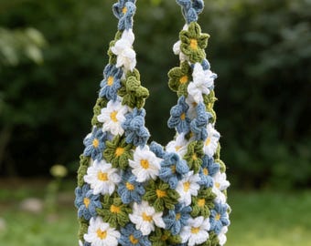 Handmade Crochet Flower Tote Floral Granny Square Aesthetic Shoulder Bag Strap Purse Boho Knit outfit Lace Gift for her Mother Bridesmaid