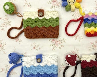 Handmade Crochet Mini Pouch Purse Kid Bag with Charm Coin ID Wallet AirPods Case Holder Keychain lemon grape avocado kiwi gift cards goodie
