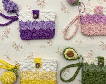 Handmade Crochet Mini Pouch Purse Kid Bag with Charm Coin ID Wallet AirPods Case Holder Keychain lemon grape avocado kiwi gift cards goodie