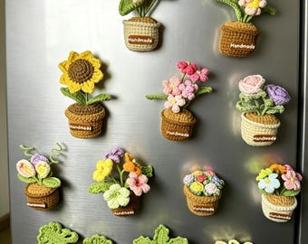 Handmade Crochet Plant Fridge Refrigerator Magnets Mini Potted Flower Kitchen Home Dorm Decor Small Gift Idea Lotus Sunflower coconut tree