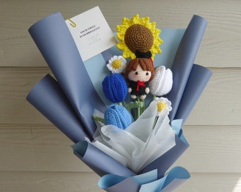 Bouquet de fleurs au crochet fait main, produit fini, tournesol, tulipe, marguerite pour anniversaire, anniversaire, remise des diplômes, cadeau en laine pour garçon de la rentrée