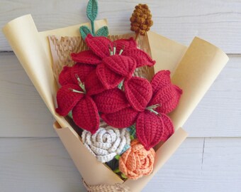 Crochet Flowers Bouquet Handmade, Finished Product,Rose,Lily for Anniversary,Birthday,Girlfriend,Mother day forever mom knitted love gift