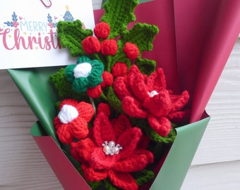 Crochet Flowers Bouquet Handmade, Finished Product Rose for Anniversary,Birthday, girlfriend mother forever christmas santa xmas love gift