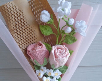 Bouquet de fleurs au crochet fait main, produit fini, rose, jasmin, tulipe, lys pour anniversaire, anniversaire, cadeau pour la fête des mères petite amie en tricot