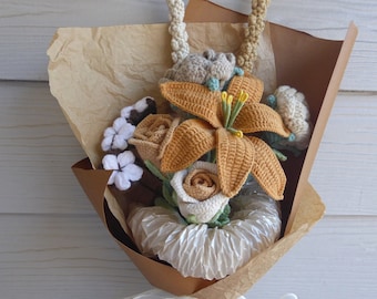 Bouquet de fleurs au crochet fait main, produit fini, rose, jasmin, tulipe, lys pour anniversaire, anniversaire, cadeau pour la fête des mères petite amie en tricot