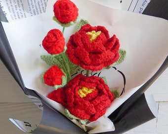 Gehaakte bloemen boeket handgemaakt, eindproduct, pioenroos, roos voor verjaardag, verjaardag, vriendin moeder dag liefde voor altijd moeder brei cadeau